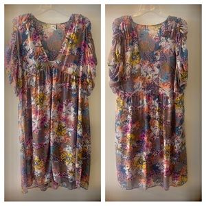 Anthropologie Akemi + Kin Floral V Neck Button Front Puff Sleeve Dress
